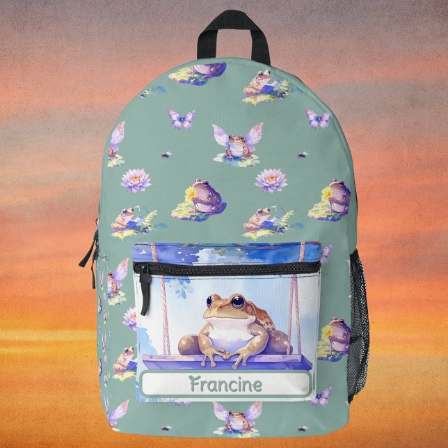 Woodland Watercolor Frog on a Swing School Printed Backpack (whimsical woodland frog watercolor backpack with green background and name field for personalization)