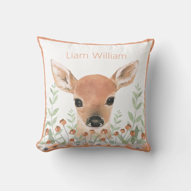 Woodland Watercolor Greenery Modern Name Deer Throw Pillow (Front)