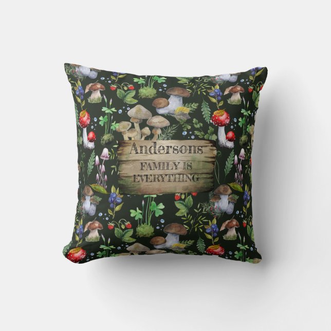 Woodland Watercolor Mushrooms Green Plants Berries Throw Pillow (Front)