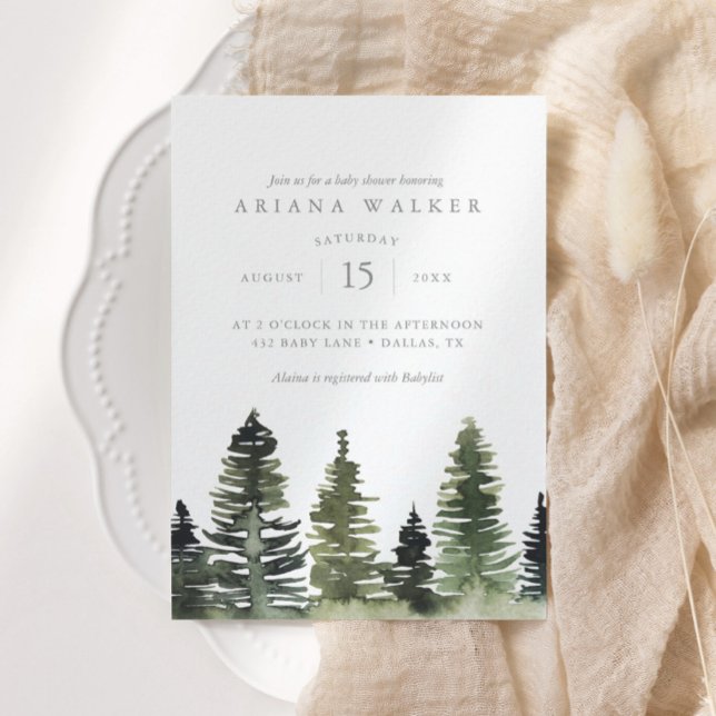 Woodland Watercolor Pine Trees Baby Shower Invitation (Creator Uploaded)