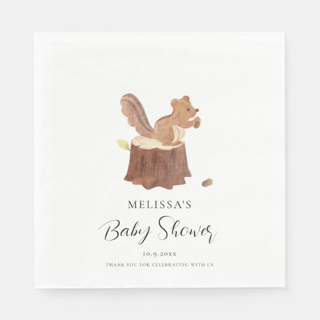 Woodland Watercolor Squirrel Fall Baby Shower Napkin (Front)