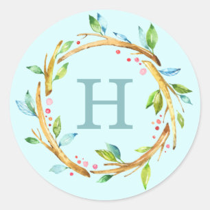 Woodland Watercolor Wreath   Custom Monogram Classic Round Sticker