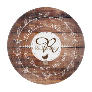 Woodland Wedding Monogram Wood Leaf Wreath Bird Cutting Board