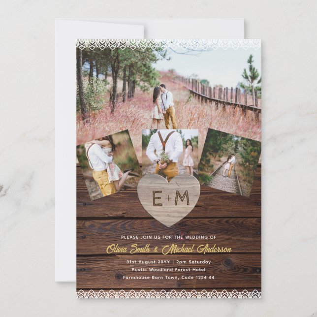 Woodland Wedding | Rustic Wood Lace Photo Collage Invitation (Front)