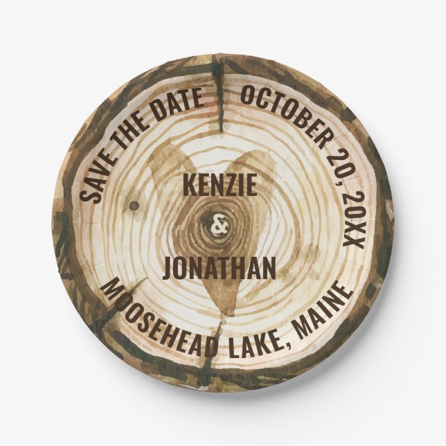 Woodland Wedding Save the Date Tree Ring Stump Paper Plate (Front)