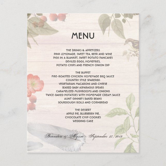 Woodland Wedding Theme Nature Menu Template (Front)