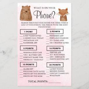 Woodland What is on your phone Shower game card