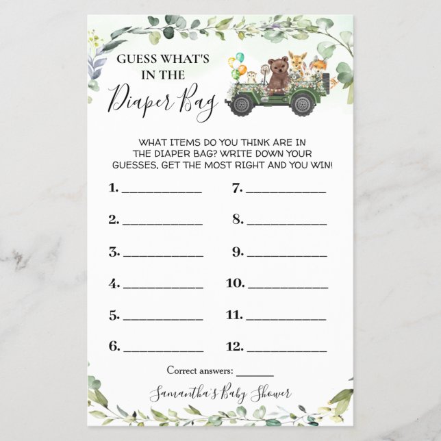 Woodland What's in the Diaper Bag Shower Game card (Front)