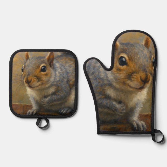 Woodland Whimsy – Realistic Squirrel Portrait Oven Mitt & Pot Holder Set (Front)