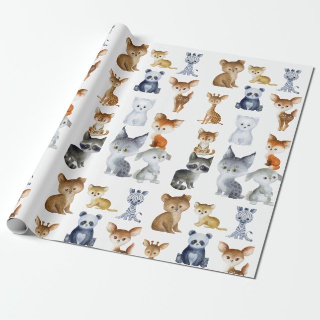 Woodland Whimsy Watercolor Forest Animals Wrapping Paper (Unrolled)