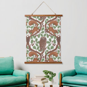 Woodland Whispers/Owls and Squirrels in the Oak/mo Hanging Tapestry
