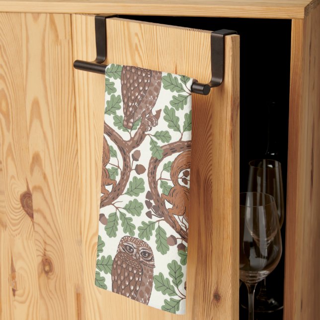 Woodland Whispers/Owls and Squirrels in the Oak/mo Kitchen Towel (Thirds Fold)
