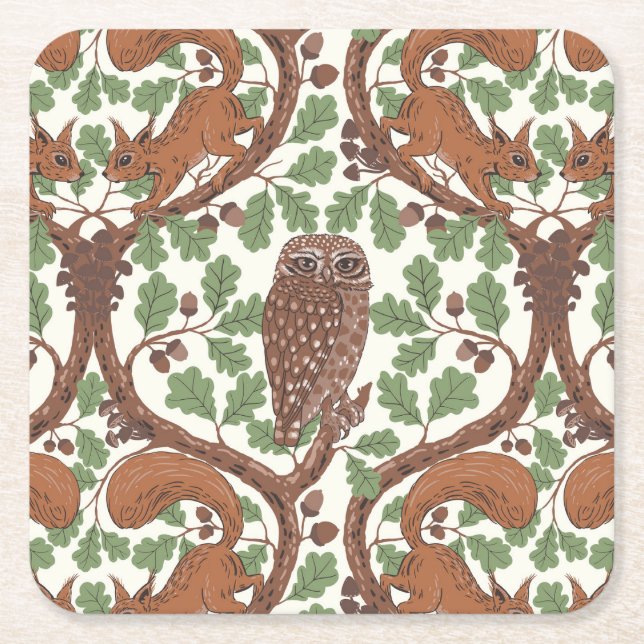 Woodland Whispers/Owls and Squirrels in the Oak/mo Square Paper Coaster (Front)