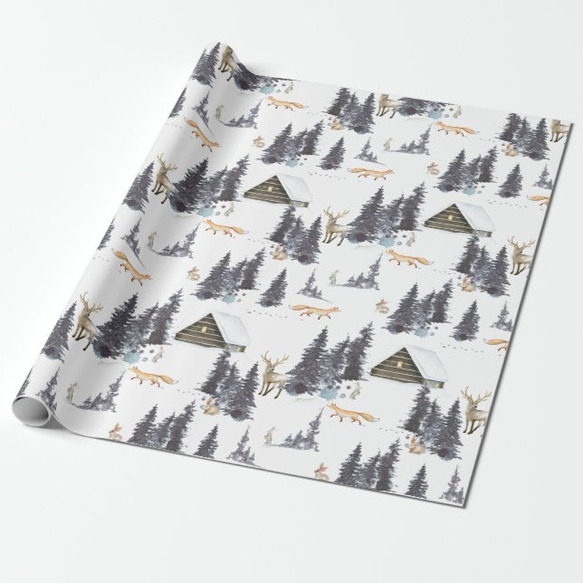 Woodland Wild Animals in Winter Forest Pattern Wrapping Paper (Unrolled)