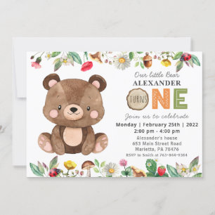 Woodland Wild One Bear Birthday Party Invitation
