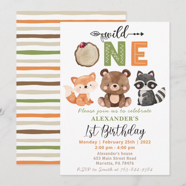 Woodland Wild One Bear Fox Raccoon Birthday Invitation (Front/Back)