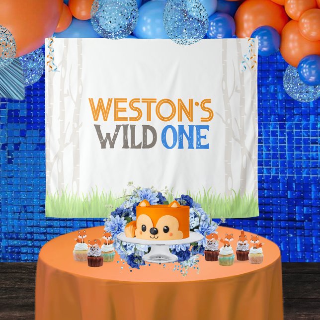 Woodland Wild One Forest Trees Party Backdrop Tapestry (Personalized Faded Forest Woodland Wild One 1st Birthday Backdrop. 4 Sizes Available)