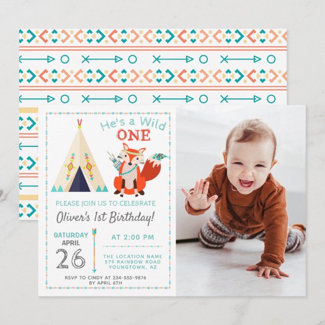 Woodland Wild One Fox Boho Boy 1st Birthday Photo Invitation (Front/Back)