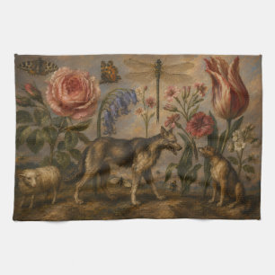 Woodland Wildlife and Botanical Oil Painting Kitchen Towel