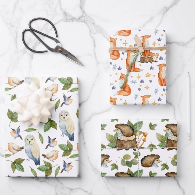 Woodland Wildlife Pattern Wrapping Paper Sheet (Front)