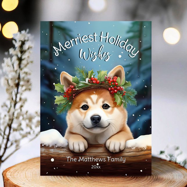 Woodland Winter Akita Dog Merriest Wishes Holiday Card (Adorable Winter Snowy Scene With Peeking Dogs or Farm/Woodland Animals - Over 50 to Choose From!)