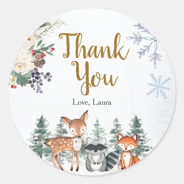Woodland Winter Animal Forest Baby Shower Classic Round Sticker (Front)