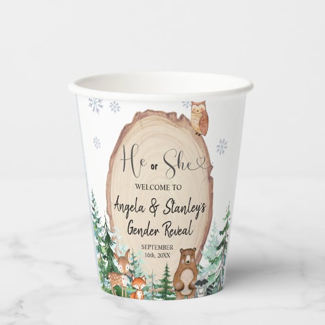 Woodland Winter Animal Forest Gender Reveal Paper Cups (Front)