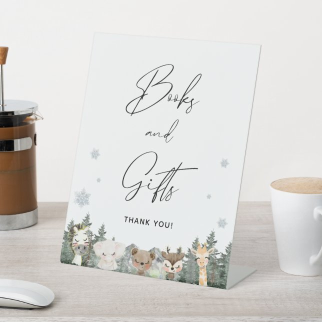 Woodland Winter Baby Shower Books and Gifts Pedestal Sign (In SItu)