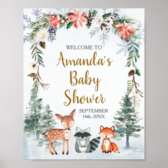 Woodland Winter Baby Shower Forest Animals Welcome Poster (Front)
