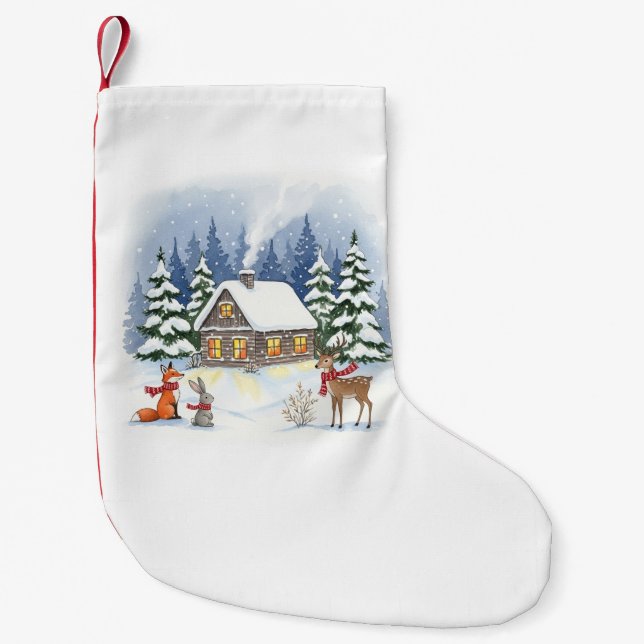 Woodland Winter Cabin Christmas Stocking (Front)