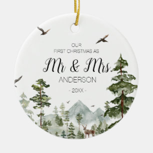 Woodland Winter Forest as Mr and Mrs Ceramic Ornament