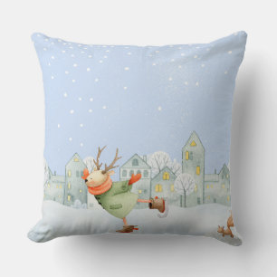 WOODLAND WINTER FRIENDS- ICE SKATING REINDEER THROW PILLOW