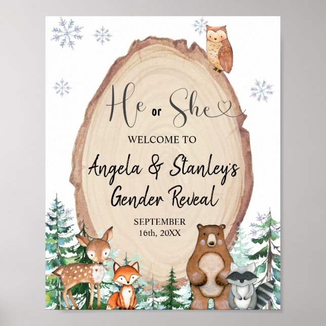 Woodland Winter Gender Reveal Animal Welcome Sign (Front)