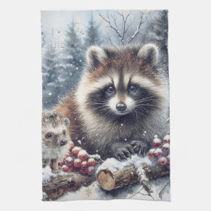 Woodland Winter Hedgehog Raccoon Christmas Kitchen Towel