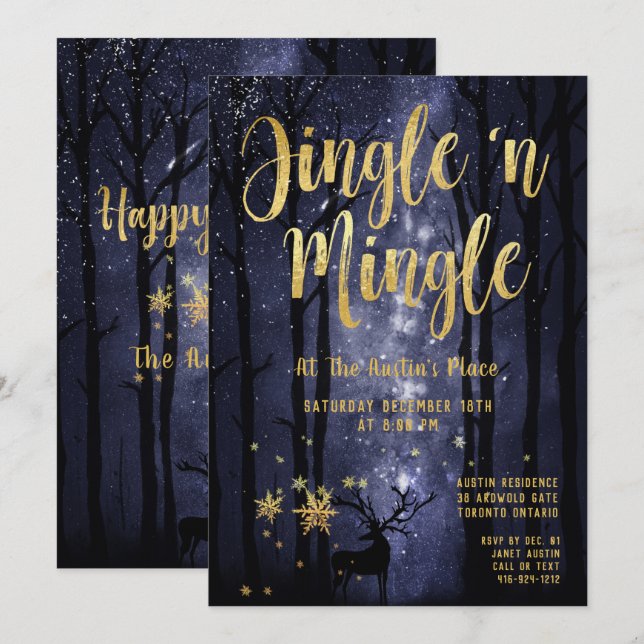 Woodland Winter Jingle Mingle Gold Holiday Party Invitation (Front/Back)
