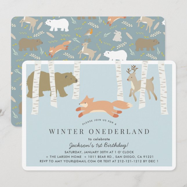 Woodland Winter Onederland Blue 1st Birthday Invitation (Front/Back)