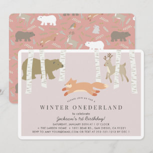 Woodland Winter Onederland Pink 1st Birthday Invitation