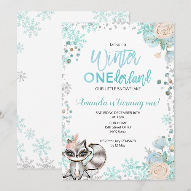 Woodland Winter ONEderland Snow Birthday Invite (Front/Back)