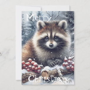 Woodland Winter Raccoon Christmas Watercolor Holiday Card