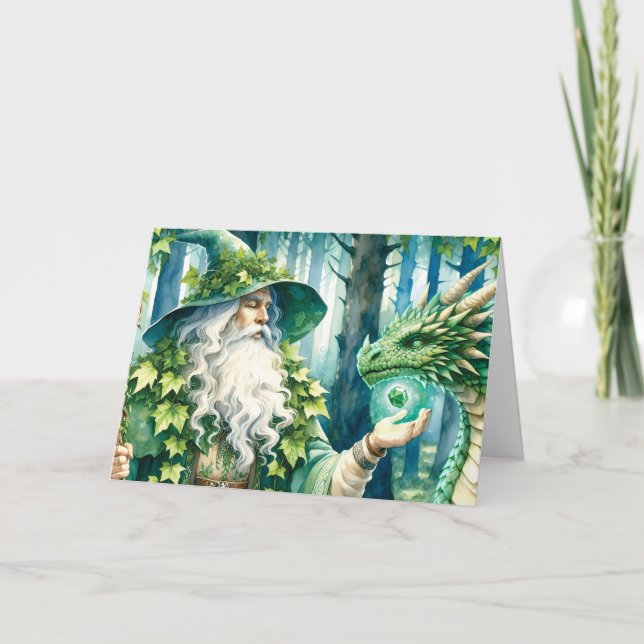 Woodland Wizard with Dragon "Happy Birthday" Card (Front)