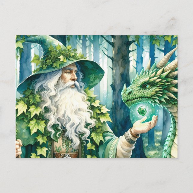 Woodland Wizard with Glowing Green Dragon Postcard (Front)