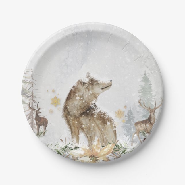 Woodland Wolf and Deer Forest Paper Plate (Front)