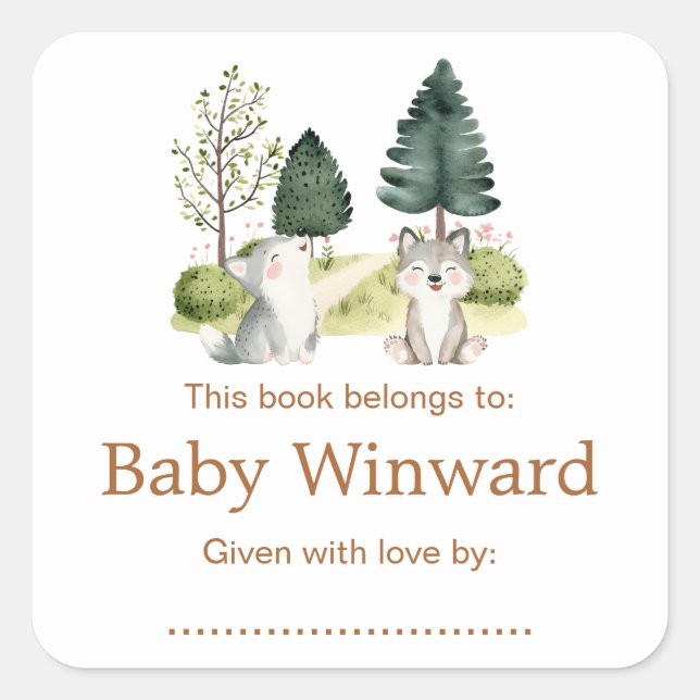 Woodland Wolf Baby Shower Bookplate Square Sticker (Front)