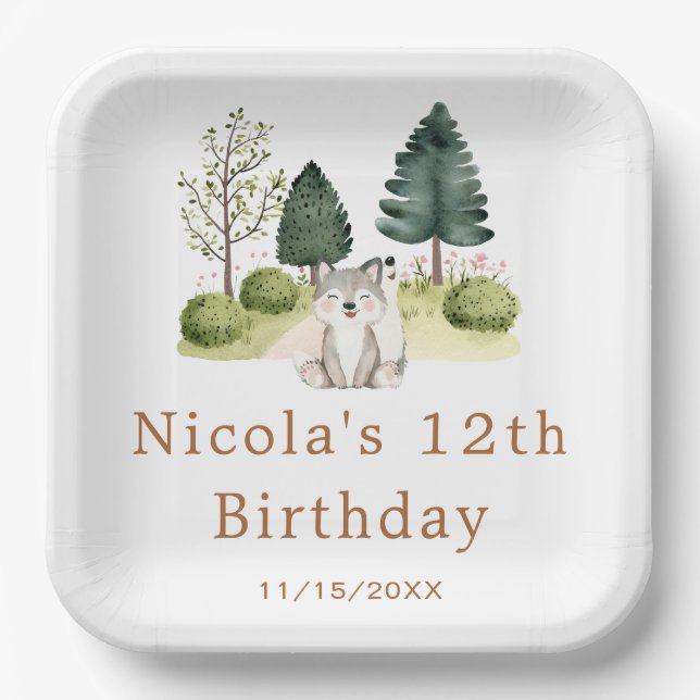 Woodland Wolf Birthday Party Paper Plate (Front)