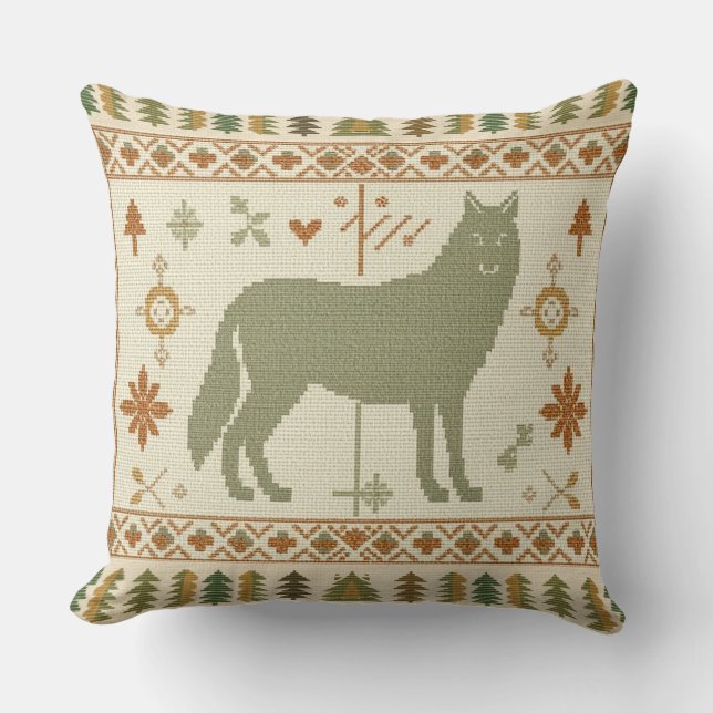 Woodland Wolf Folk Throw Pillow (Front)
