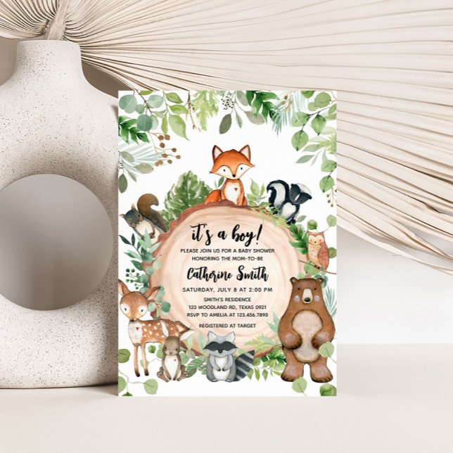 Woodland Wood Slice Baby Shower Invitation (Woodland Animals Baby Shower Invitation)