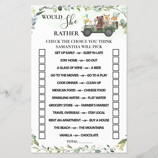 Woodland Would She Rather Baby Shower Game Card (Front)