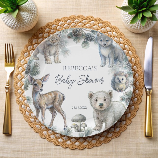 Woodlands cute baby animals baby shower customized paper plate (Woodlands cute baby animals baby shower customized monogrammed paper plates personalized table decor)