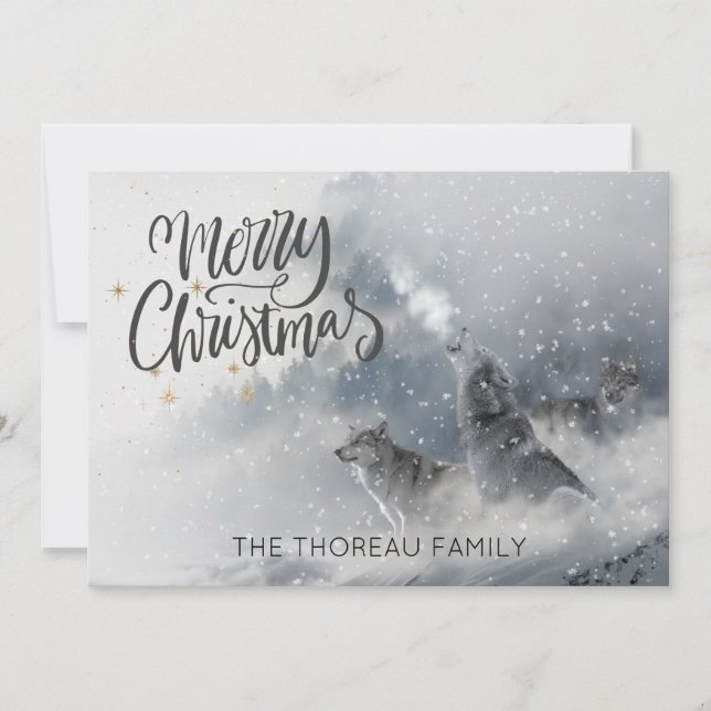 Woodlands Wolves Howl Winter Snow Merry Christmas Holiday Card (Front)