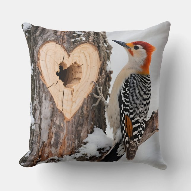 Woodpecker Beside Heart-Shaped Tree Hole Throw Pillow (Front)